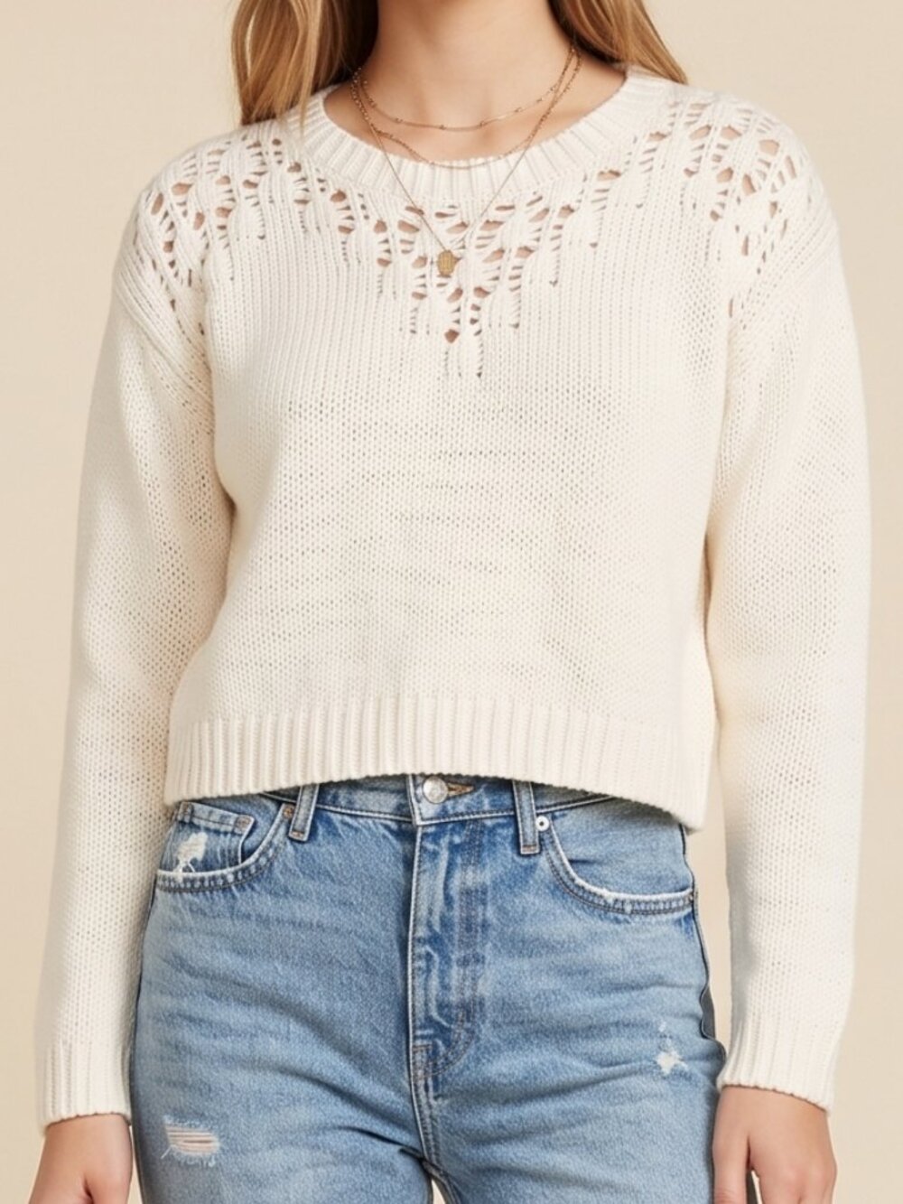 NWT Hinge Ivory Open Knit Crochet Yoke Cropped Sweater Small